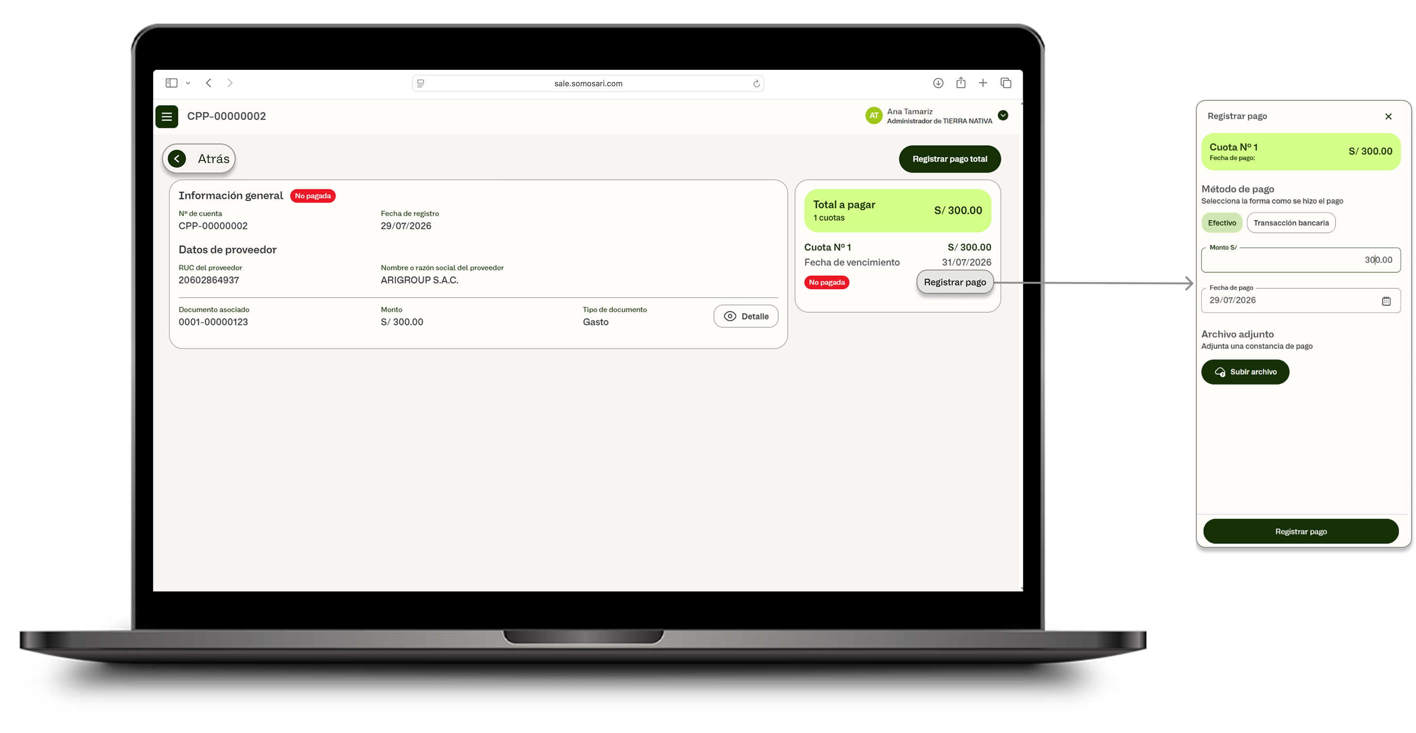 Modal Registrar pago con cuota, método de pago y monto