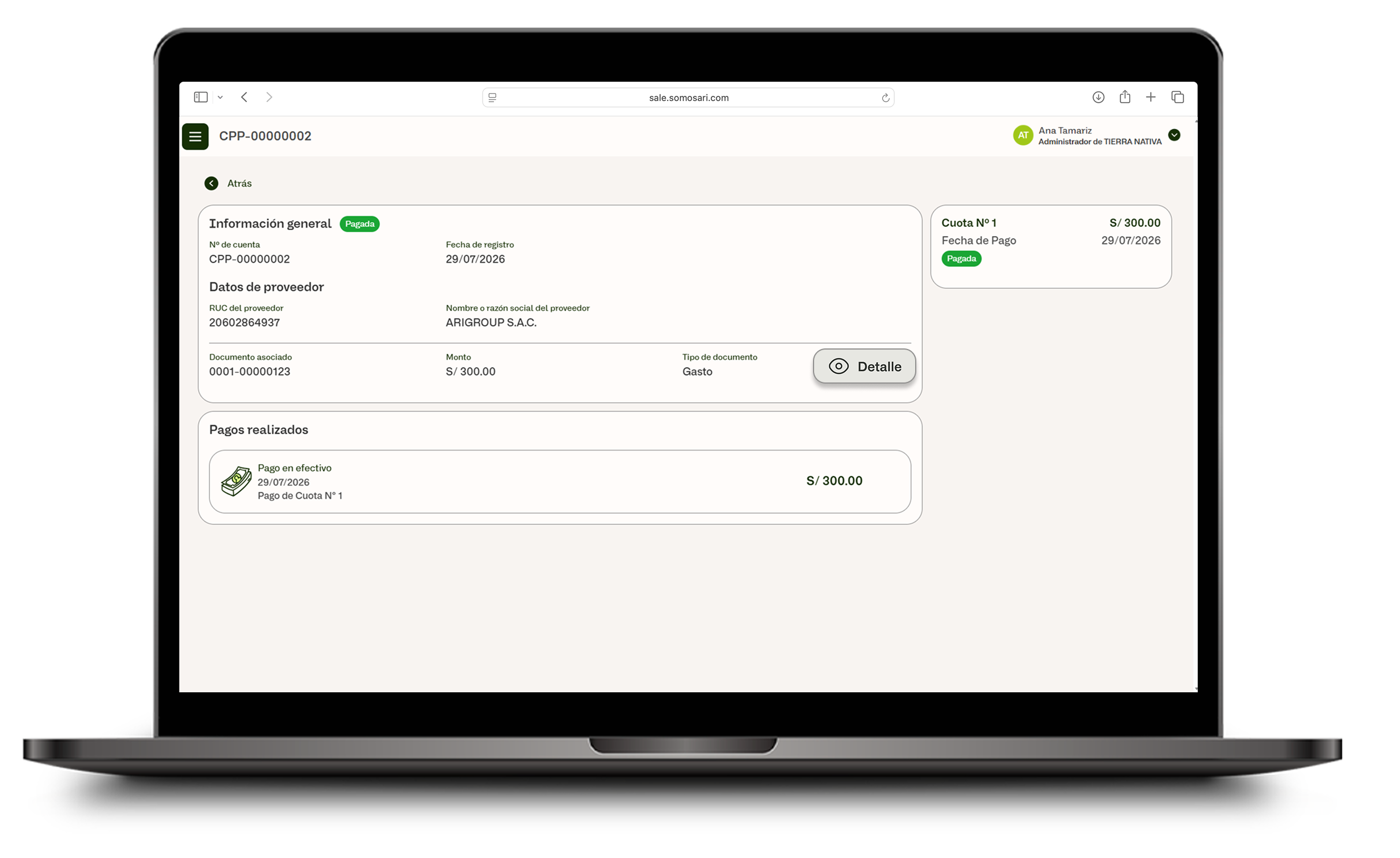 Pago registrado con botón Detalle