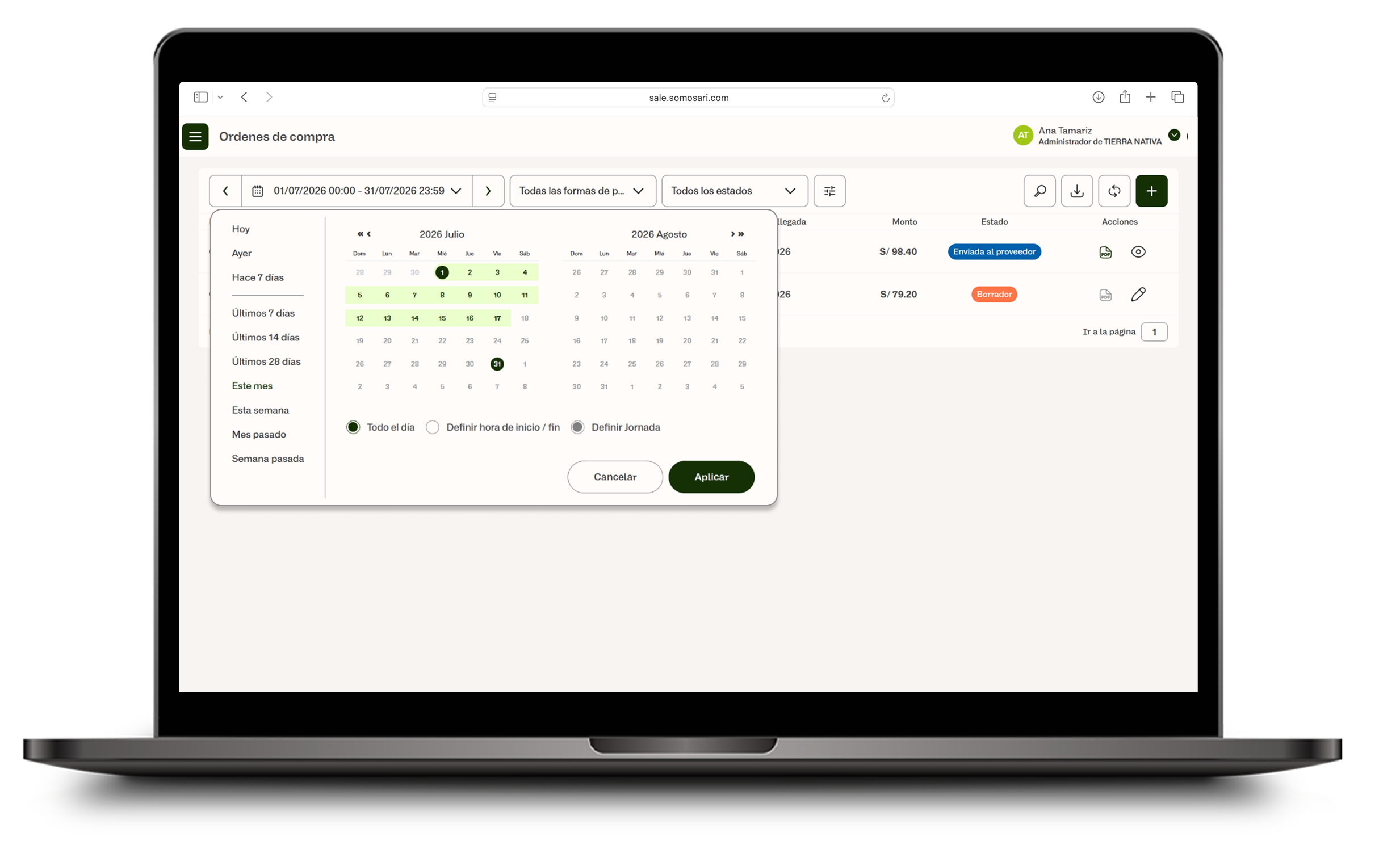 Selector de fecha con calendario en Órdenes de compra