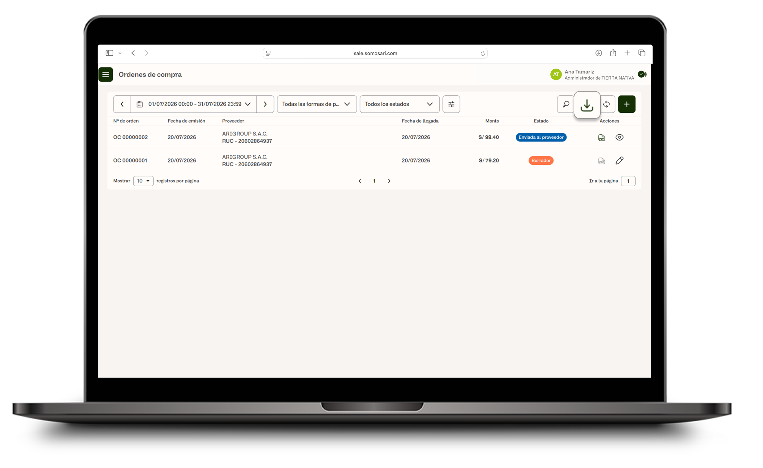 Ícono para descargar el reporte de órdenes de compra