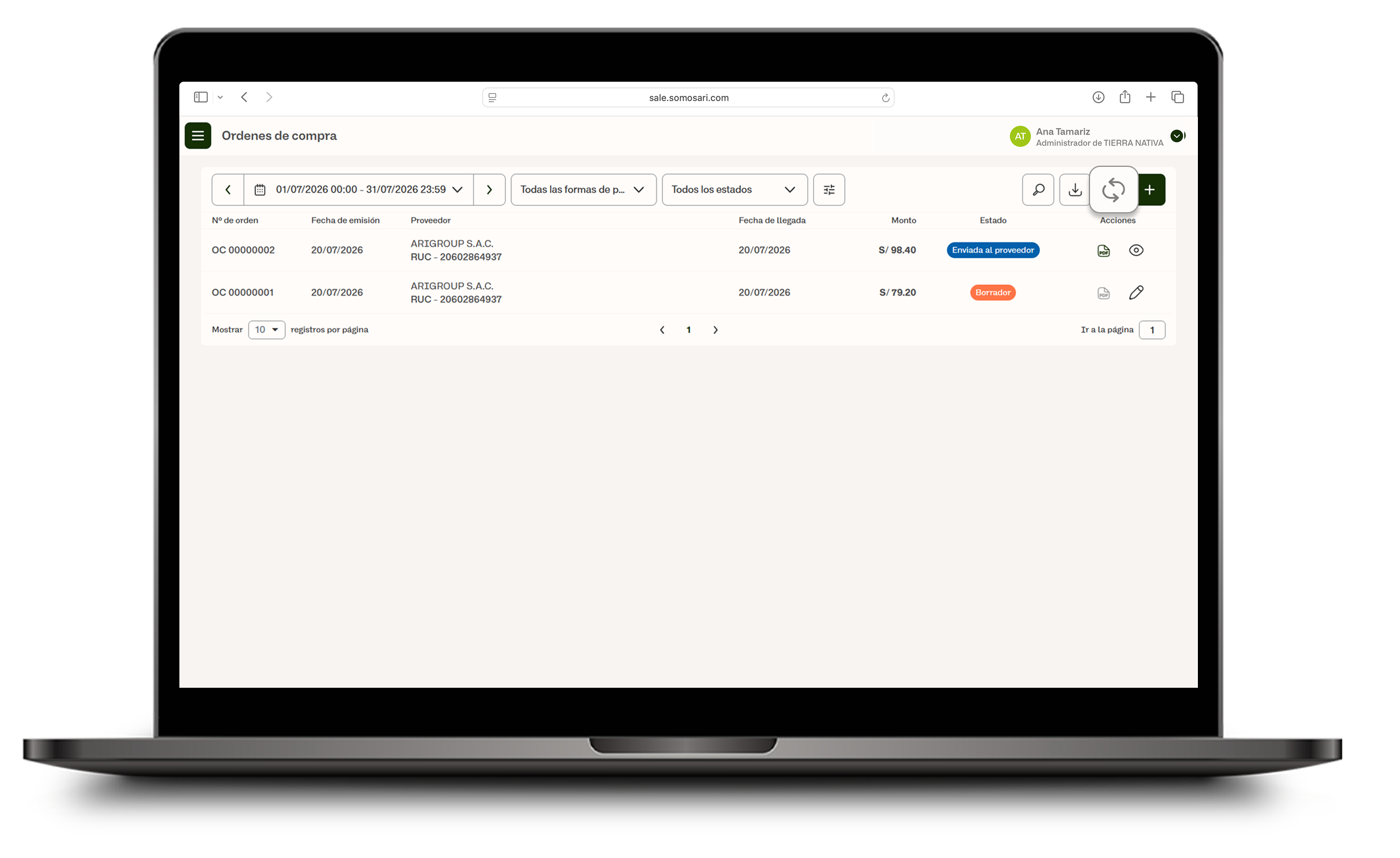 Ícono para actualizar la información de órdenes de compra