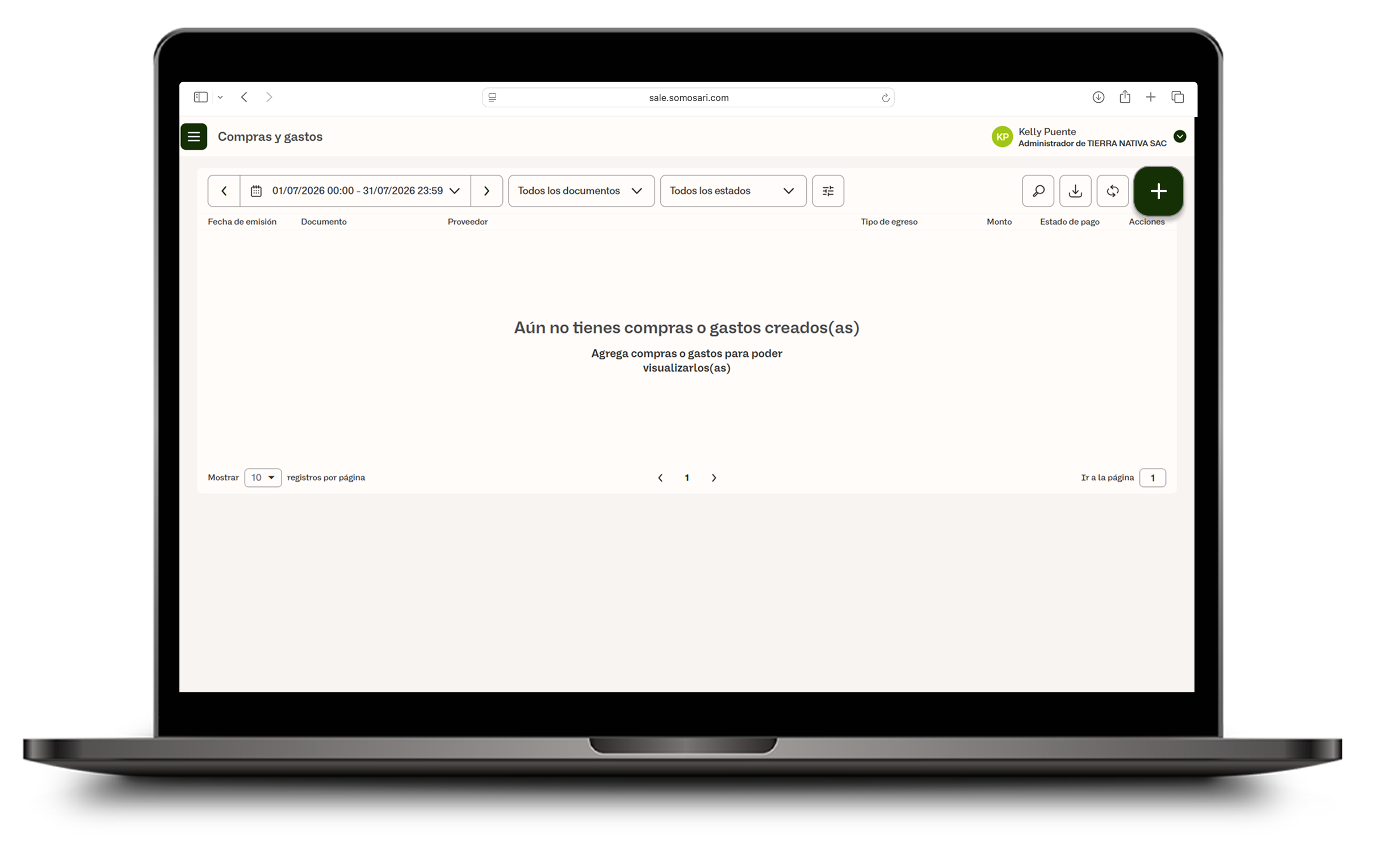 Ícono + para crear una nueva orden de compra