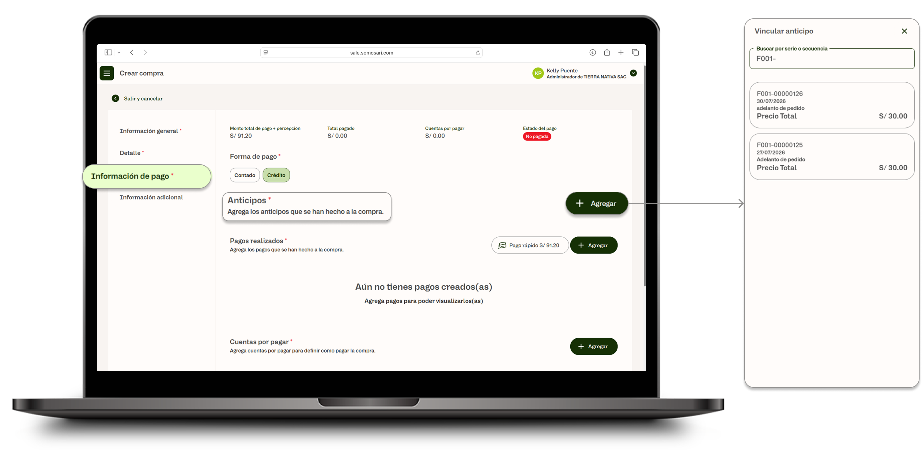 Callout Anticipos en la sección Información de pago