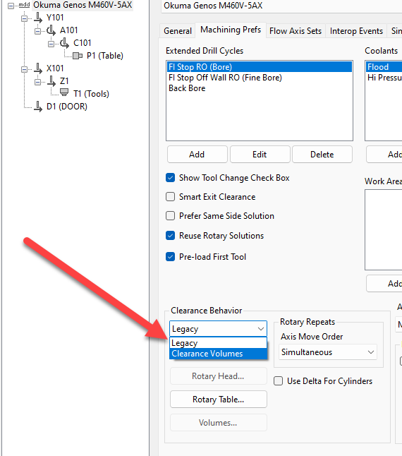 Figure 1. Clearance Volumes selected in an authorized MDD configuration. MDD General tab with the Clearance Behavior list set to Clearance Volumes and highlighted by a red arrow.