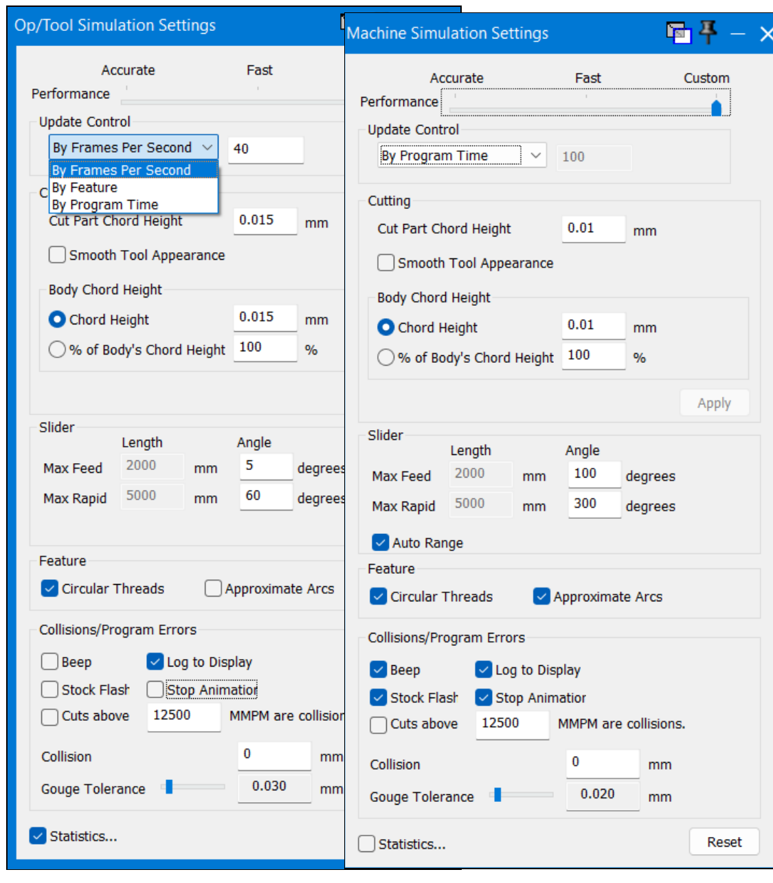 GibbsCAM Op Tool Simulation Settings and Machine Simulation Settings dialogs showing performance, chord height, slider, feature, collision, program error, and tolerance controls. Example values are shown.