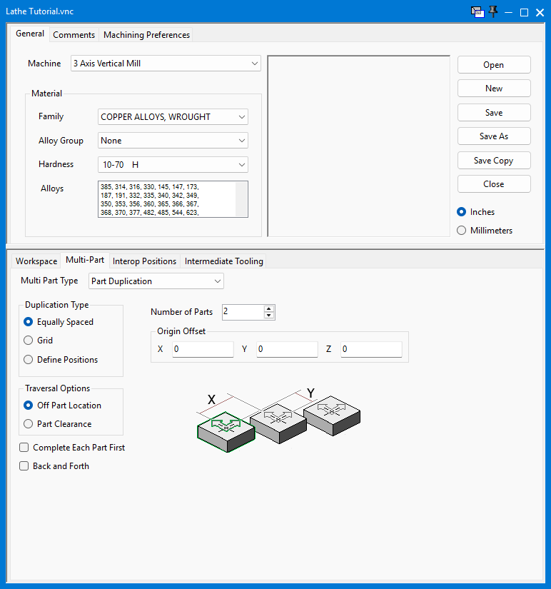 Figure 1 - DCD Multi-Part settings with Part Duplication and Traversal Options. GibbsCAM DCD Multi-Part tab with Part Duplication selected and Traversal Options showing Off Part Location and Part Clearance.