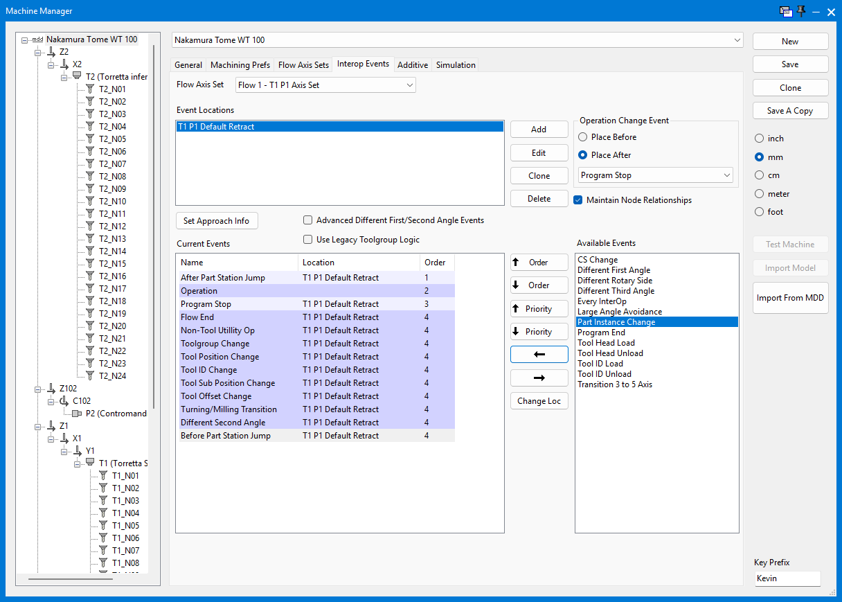 Figure 2 - Select Part Instance Change in Available Events before adding it to Current Events. Machine Manager Interop Events tab showing Part Instance Change selected in Available Events and the control used to add it to Current Events.