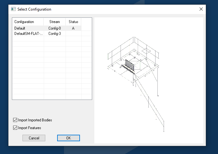 GibbsCAM Select Configuration dialog showing Default Config-0 with status A and a flat-pattern Config-3 row with no status.