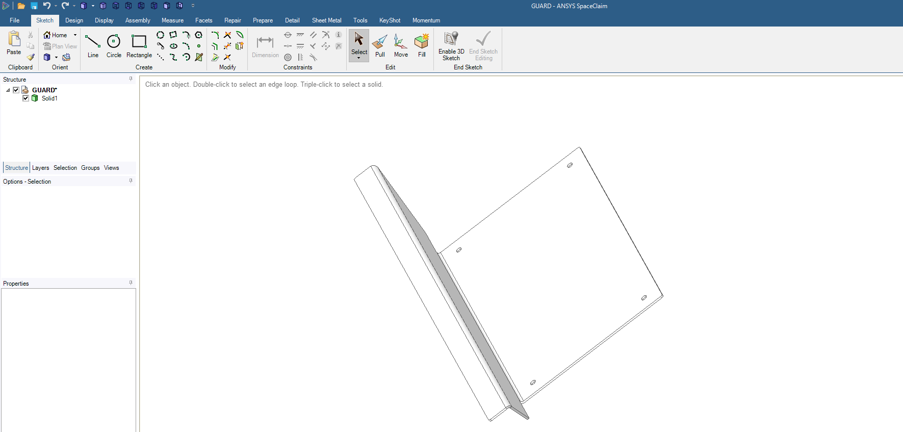 SpaceClaim window showing the original folded sheet-metal guard as a solid body.