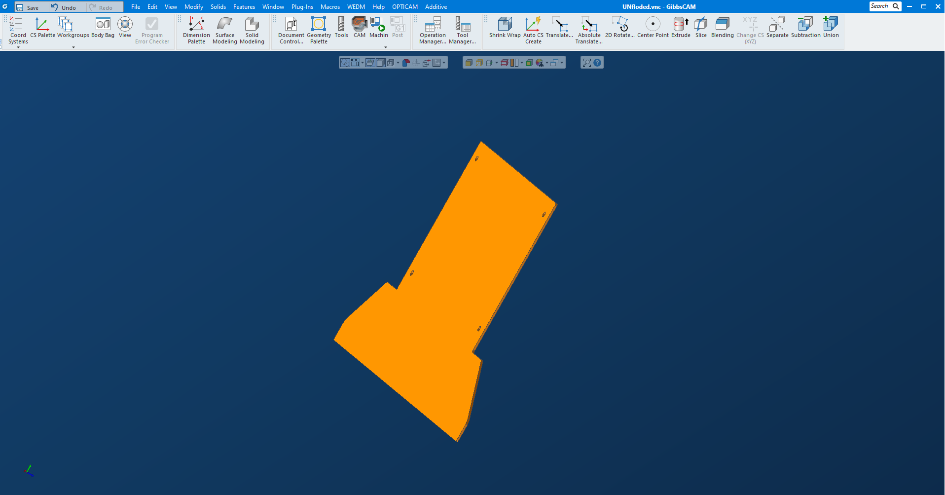 GibbsCAM workspace showing the imported orange flattened sheet-metal solid.