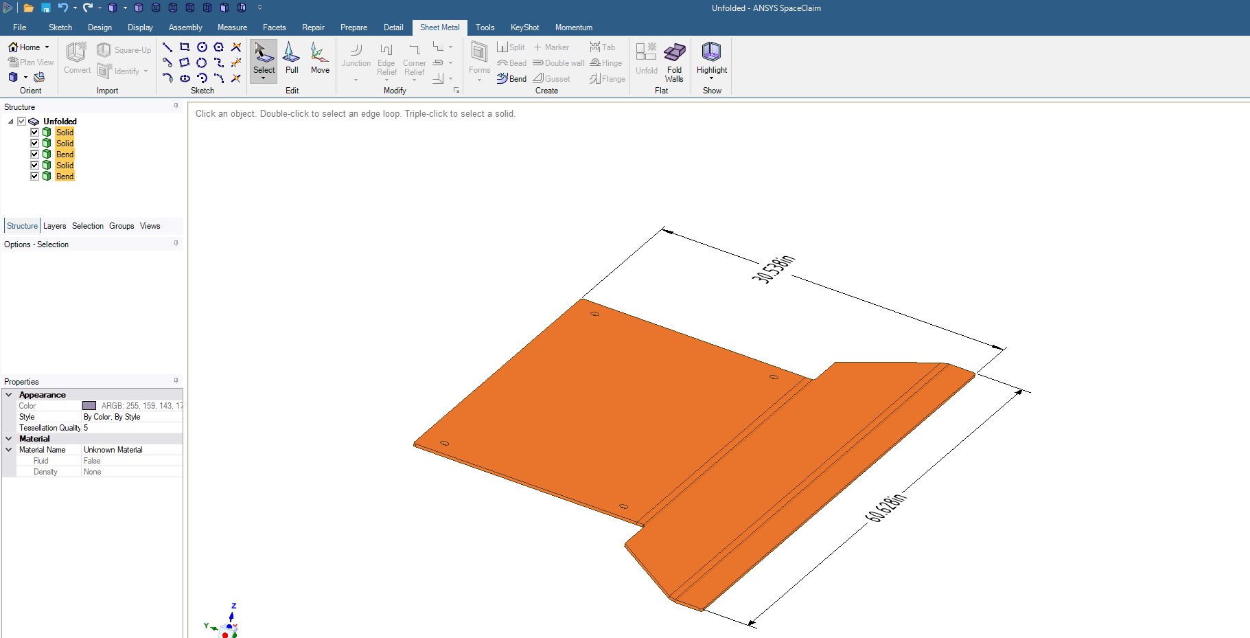 SpaceClaim window showing the orange unfolded sheet-metal guard with overall dimensions and solid faces.