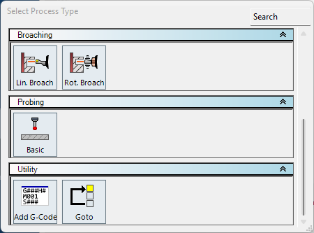 GibbsCAM Select Process Type dialog with the Utility section expanded and the Add G-Code process tile visible.