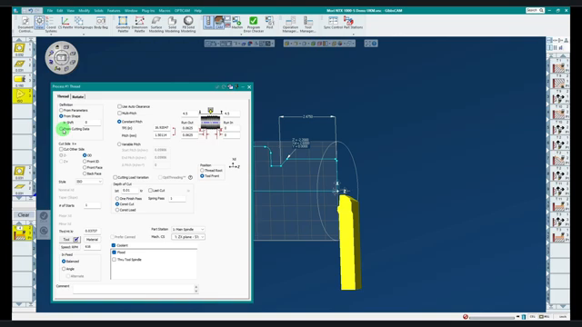 Figure 3 - Select From Cutting Data in the GibbsCAM Thread process. GibbsCAM Thread process dialog with From Cutting Data selected and the imported OptiThreading parameters displayed beside the part profile.