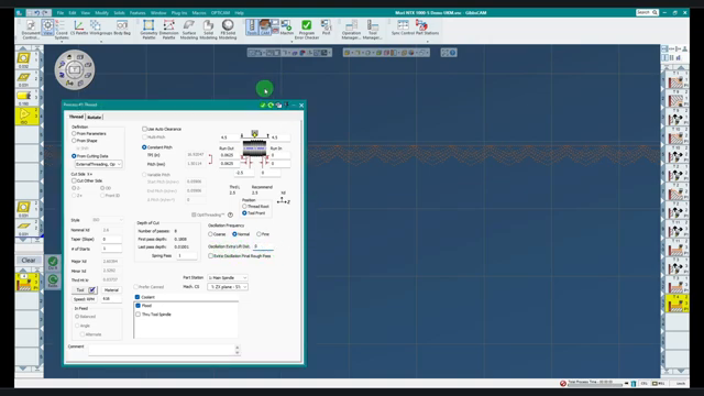 Figure 4 - Generated OptiThreading toolpath with visible oscillating lift movements. GibbsCAM workspace showing a magnified orange OptiThreading path with repeated oscillating lift movements and the Thread process dialog open.
