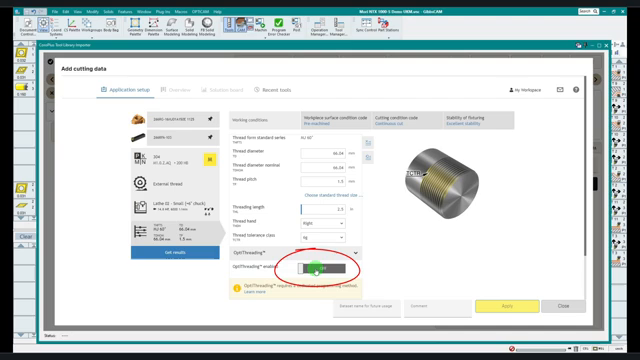 Figure 2 - Enable OptiThreading in the CoroPlus cutting-data recommendation. CoroPlus Add cutting data dialog with material and thread parameters shown and the OptiThreading enabled toggle circled.