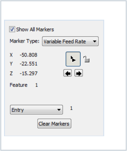 GibbsCAM Utility Markers dialog showing Show All Markers, the Variable Feed Rate marker type, X Y Z and feature values, marker navigation arrows, a lock control, Entry feed selection, and Clear Markers.
