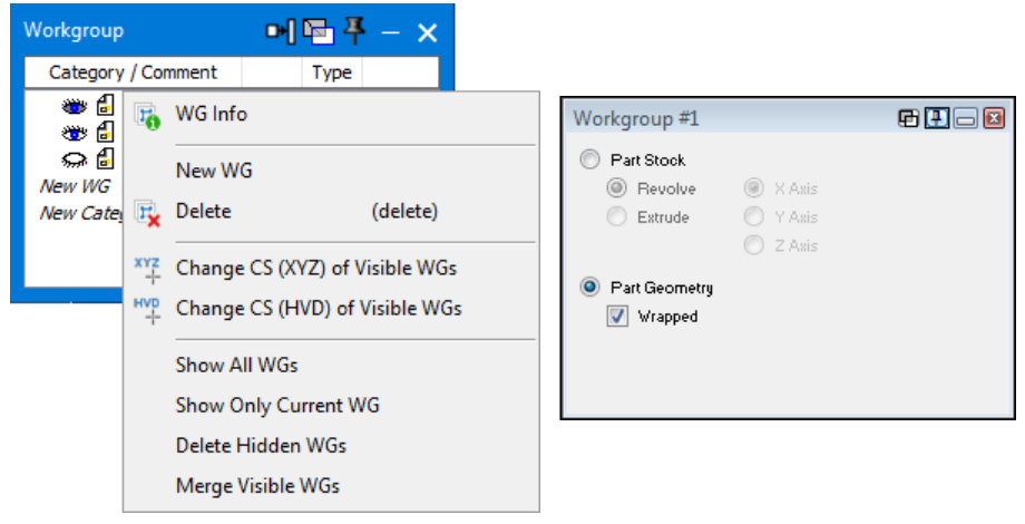 GibbsCAM Workgroup list context menu with WG Info selected beside the Workgroup Info dialog, where Part Geometry and the Wrapped checkbox are selected.