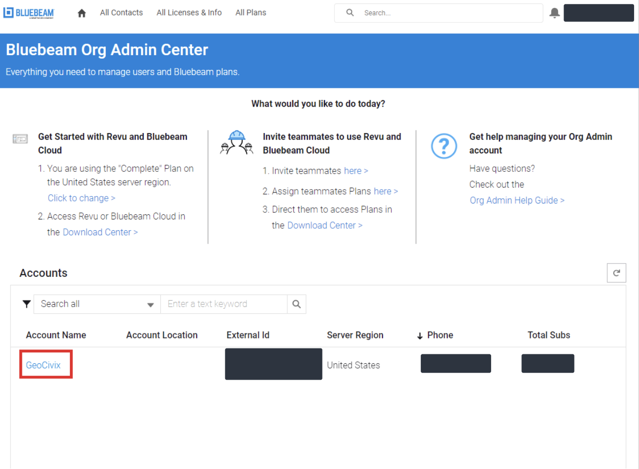 Bluebeam Org Admin Center home page, with the account name highlighted under Accounts