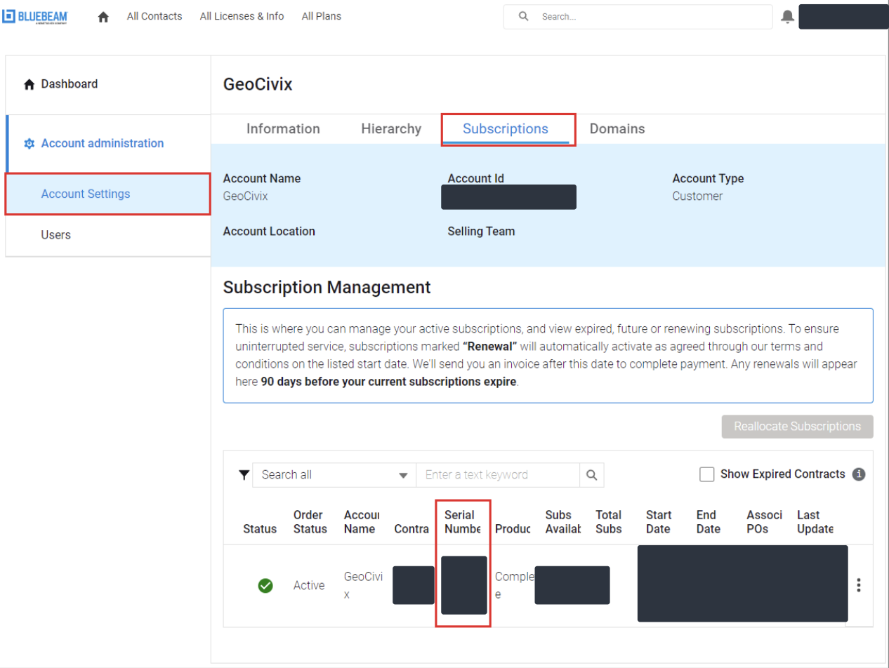 Subscriptions tab in the Bluebeam Org Admin Center, with the Serial Number column highlighted