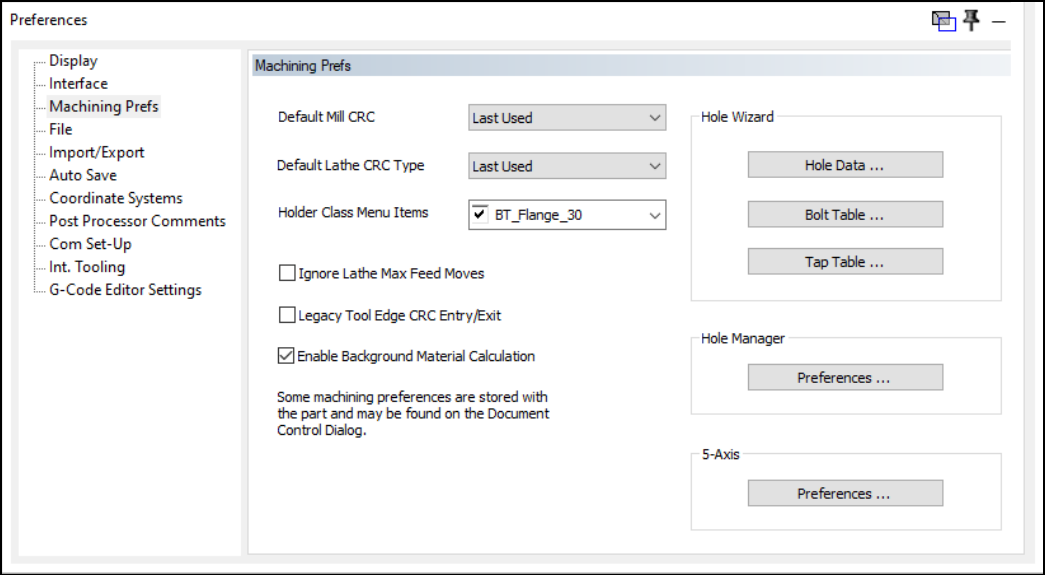 GibbsCAM Preferences dialog on the Machining Prefs page, showing the Default Mill CRC and Default Lathe CRC Type menus.