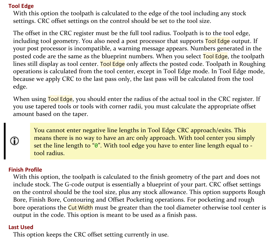GibbsCAM Common Reference excerpt describing Tool Edge, Finish Profile, and Last Used CRC types and their control-offset requirements.