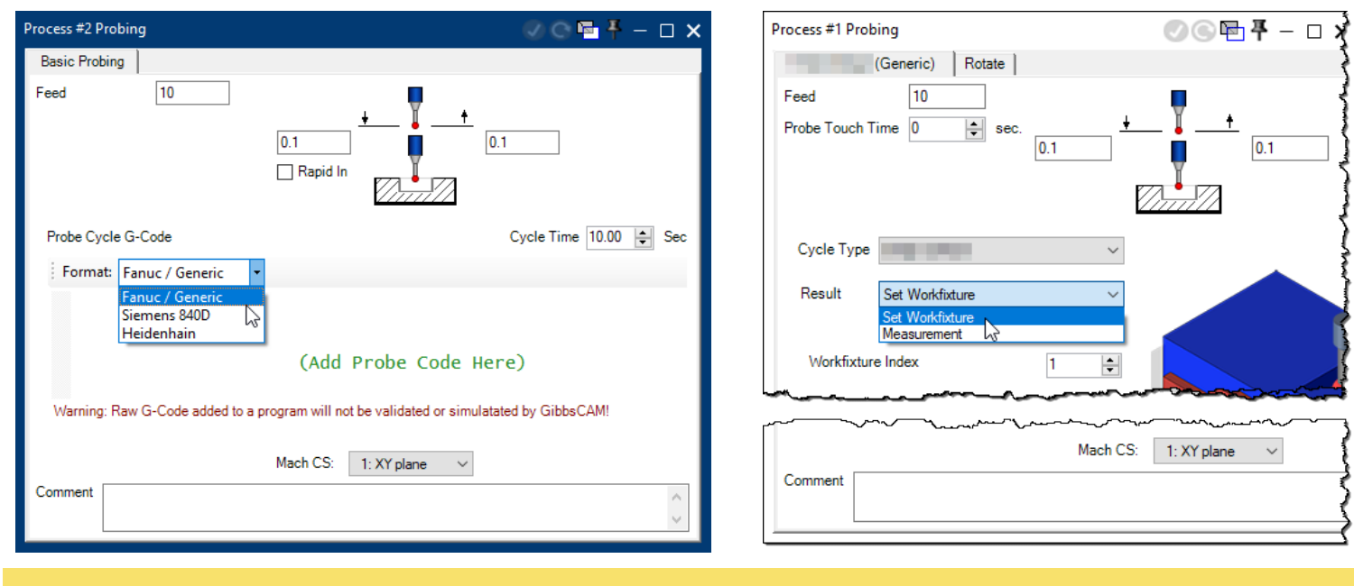 Side-by-side GibbsCAM process dialogs showing the Basic Probing interface and the Generic Probing interface with result controls.