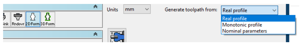 GibbsCAM Tool Creation dialog showing Real profile, Monotonic profile, and Nominal parameters in the Generate toolpath from list.