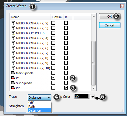 GibbsCAM Create Watch dialog with separate Datum and Reference columns, Trace options Off, Path, and Distance, a Trace Color control, and OK.
