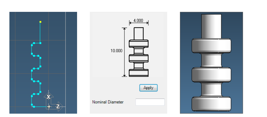 Official GibbsCAM Mill example showing the selected open profile geometry, the resulting tool diagram with dimensions and Apply button, and the rendered 2D Form tool.
