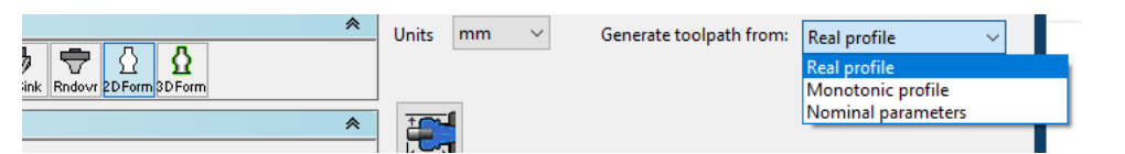 Official GibbsCAM Mill Tool Creation dialog showing Generate toolpath from choices Real profile, Monotonic profile, and Nominal parameters.
