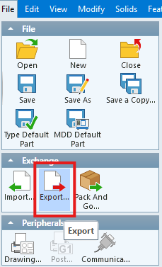 GibbsCAM File menu with the Export command highlighted in the Exchange section.