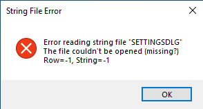 Figure 1 - String File Error reporting that SETTINGS.DLG could not be opened. String File Error dialog stating that SETTINGS.DLG could not be opened and showing Row equals negative one and String equals negative one.