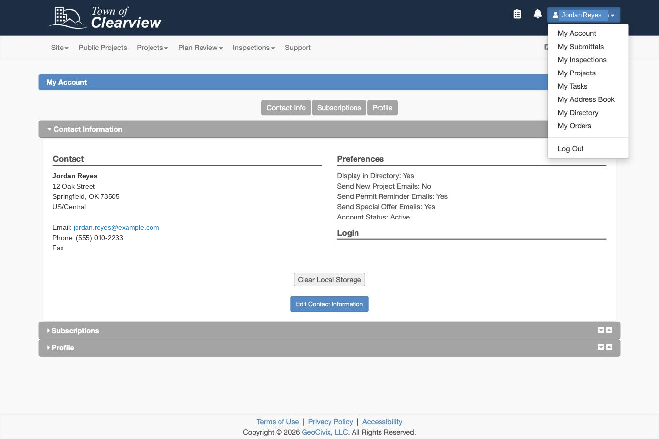The portal account menu open, with My Account listed first