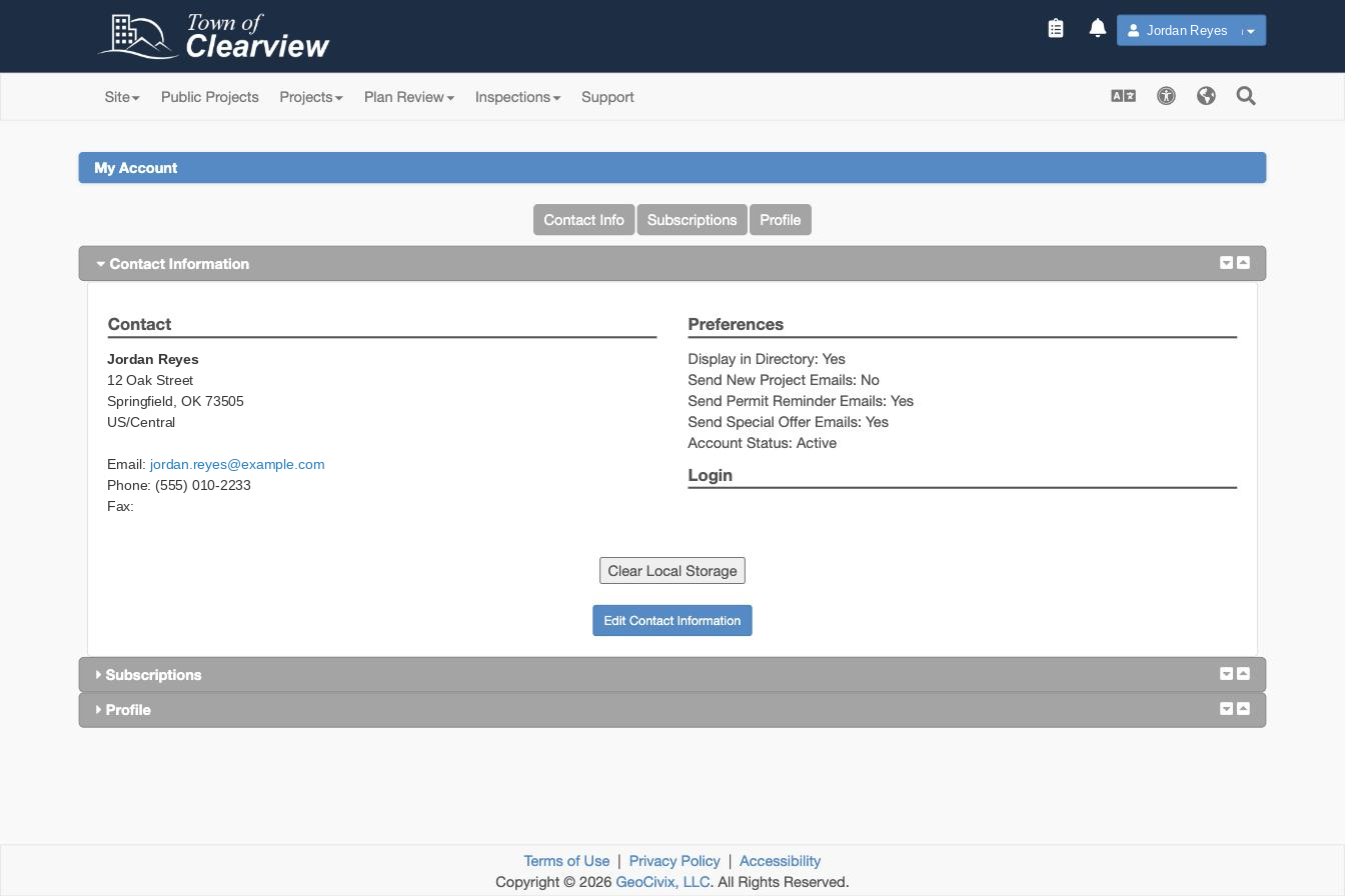 The My Account page, showing the Contact Information panel with the Edit Contact Information button below it