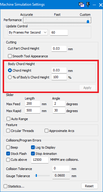 GibbsCAM Machine Simulation Settings showing Cut Part Chord Height and highlighted Body Chord Height controls.