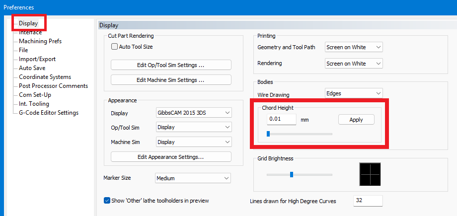 GibbsCAM Display preferences with the Chord Height control highlighted and set to 0.01 millimeters.