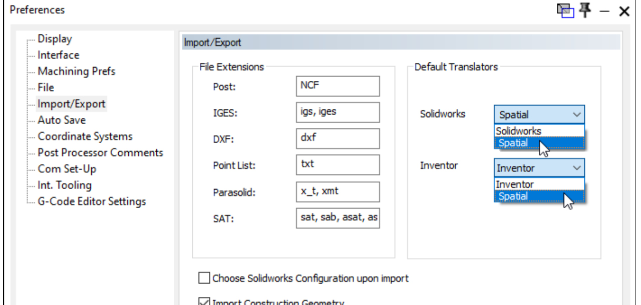 GibbsCAM Import/Export Preferences page showing the File Extensions section and the Post field set to NCF.