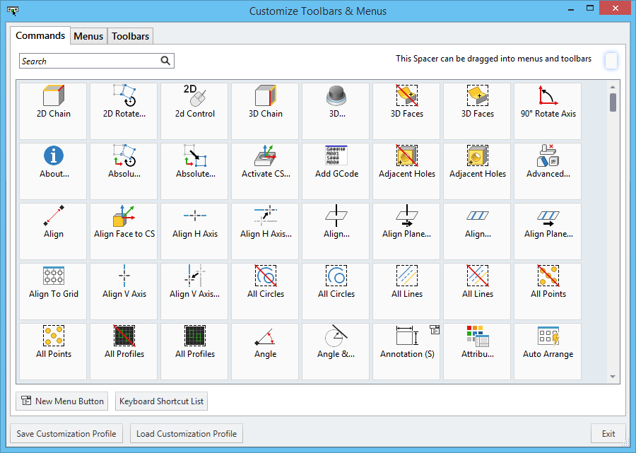 GibbsCAM Customize Toolbars and Menus dialog showing command icons and the Save Customization Profile and Load Customization Profile buttons in the lower-left corner.