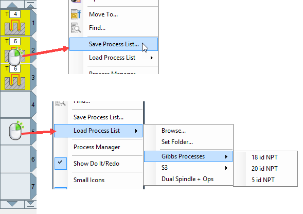 Figure 2 - Save, browse, and assign folders for Process Lists. Official GibbsCAM Process List examples showing Save Process List on a selected nonblank Process Tile and Load Process List with Browse, Set Folder, and organized process-library submenus on a blank tile.