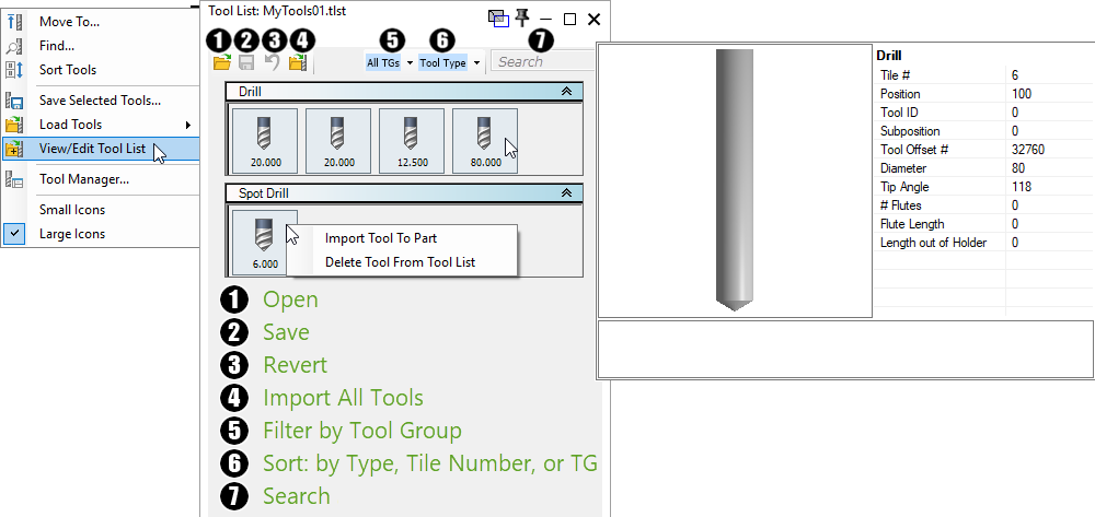 Figure 1 - Tool List commands available from the Tool Tile context menu. Official GibbsCAM Tool List view showing the Tool Tile context menu with Save Selected Tools, Load Tools, and View or Edit Tool List commands beside a saved tool list window.