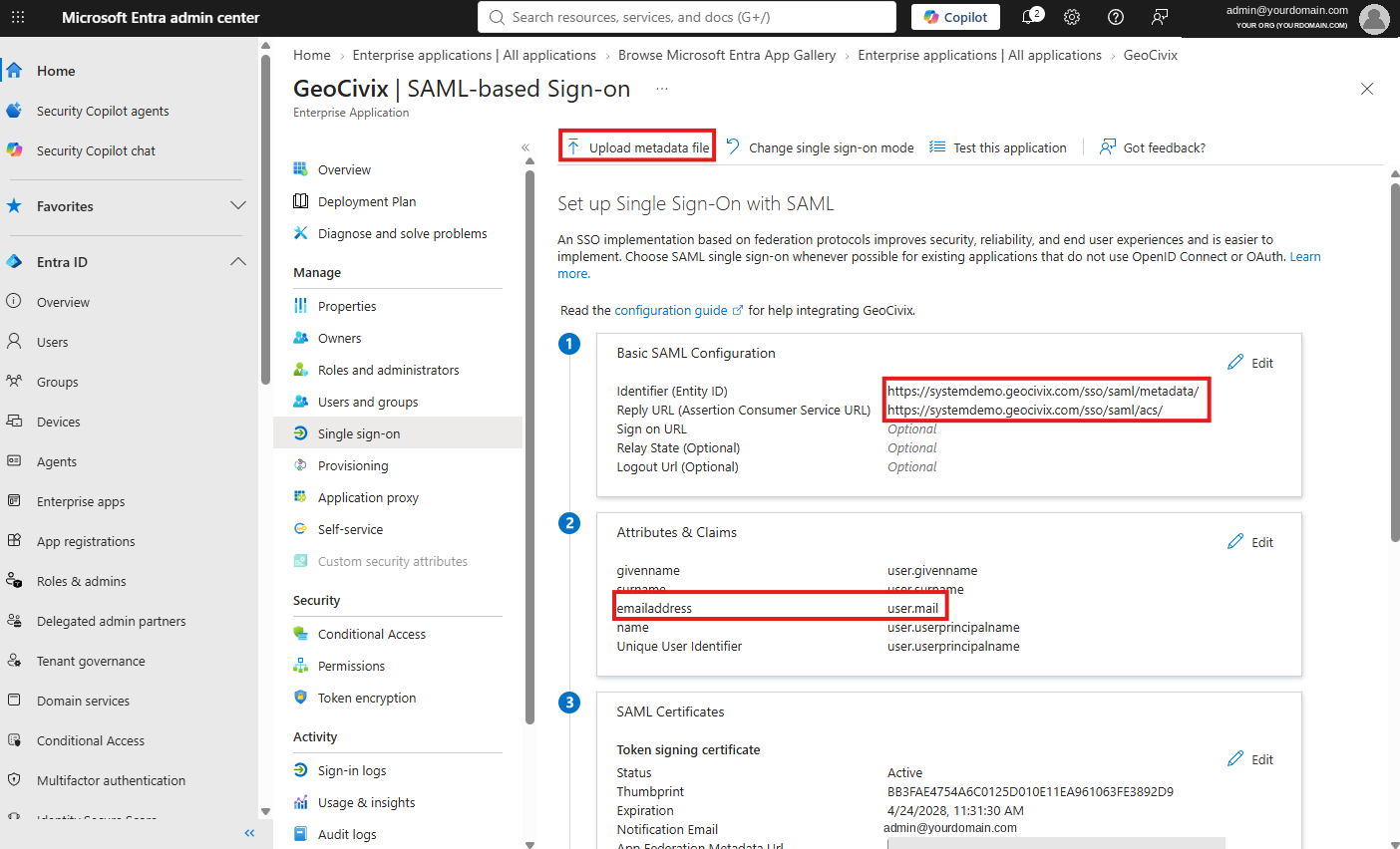 The Basic SAML Configuration panel with the Identifier and Reply URL set