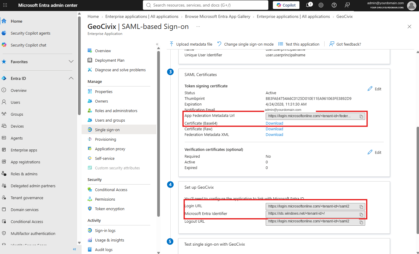 The SAML Certificates and Set up GeoCivix sections
