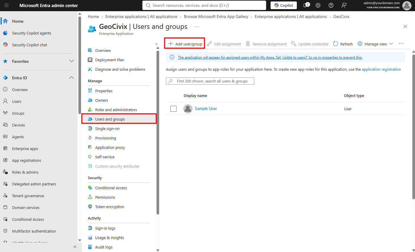 Assigning a user to the GeoCivix application in Entra