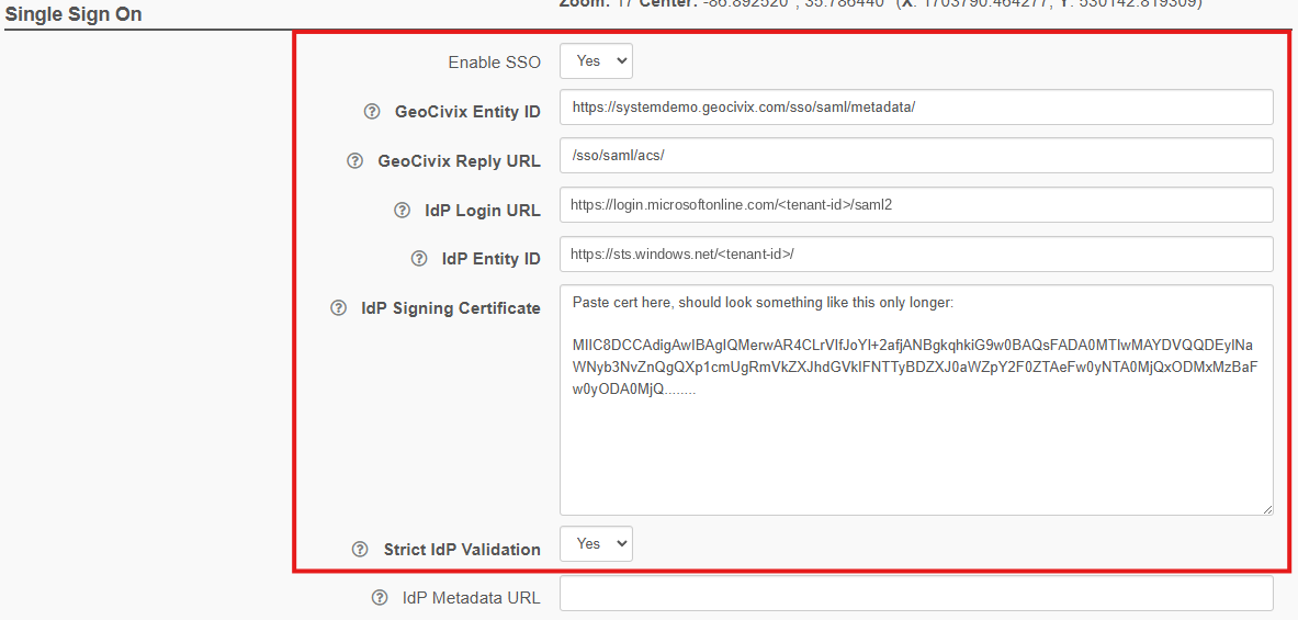 The Single Sign On block on the GeoCivix site configuration page