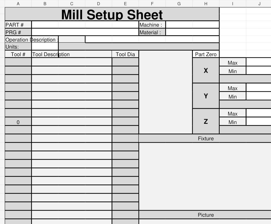 Figure 1 - CAMCO sample Mill Setup Sheet model before Reporter populates the part data. Excel view of the CAMCO Mill Setup Sheet model with part, program, machine, material, tool, part-zero, fixture, and picture areas.