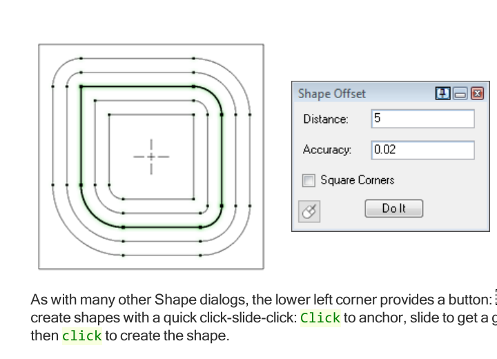 Figure 3 - Shape Offset dialog with Square Corners turned off. GibbsCAM Geometry Creation reference showing the Shape Offset dialog and rounded offset results with Square Corners cleared.