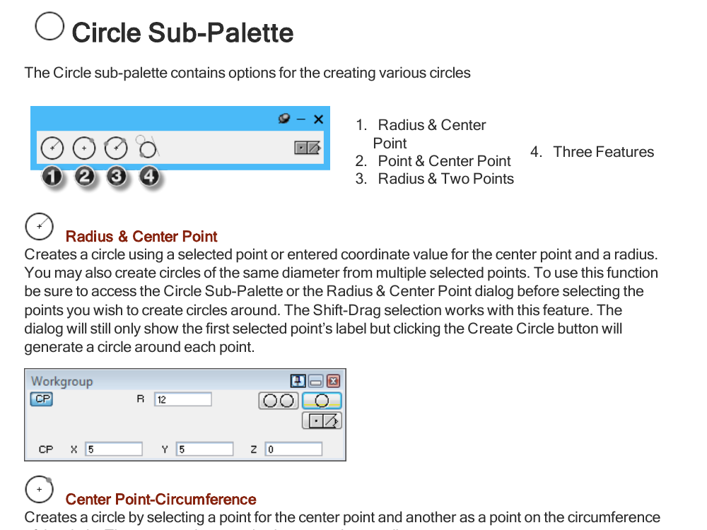 Figure 2 - Circle sub-palette and Radius & Center Point controls. GibbsCAM Geometry Creation reference showing the Circle sub-palette and the Radius and Center Point method used to create circles from selected center points.