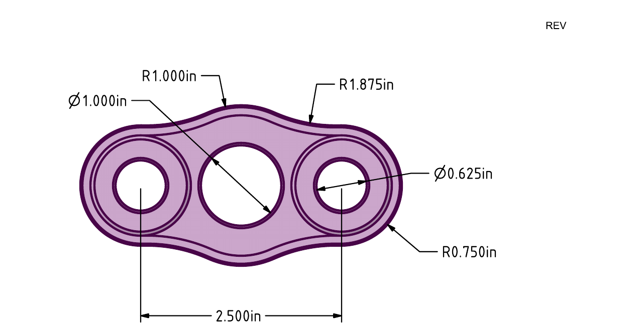 Figure 1 - Top view and dimensions from the CAMCO GC-Flange tutorial print. Top view of the CAMCO flange print showing a one-inch center hole, two five-eighths-inch side holes on 2.500-inch centers, one-inch and three-quarter-inch outer radii, and 1.875-inch connecting radii.