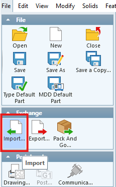 Figure 1 - Import command on the GibbsCAM File palette. GibbsCAM File palette with the Import command highlighted in the Exchange group.