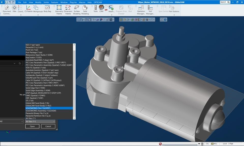 Figure 2 - GibbsCAM solid-import workspace with CAD file types and an imported body. GibbsCAM GO Solid Milling interface showing an import file-type list beside an imported solid model in the workspace.